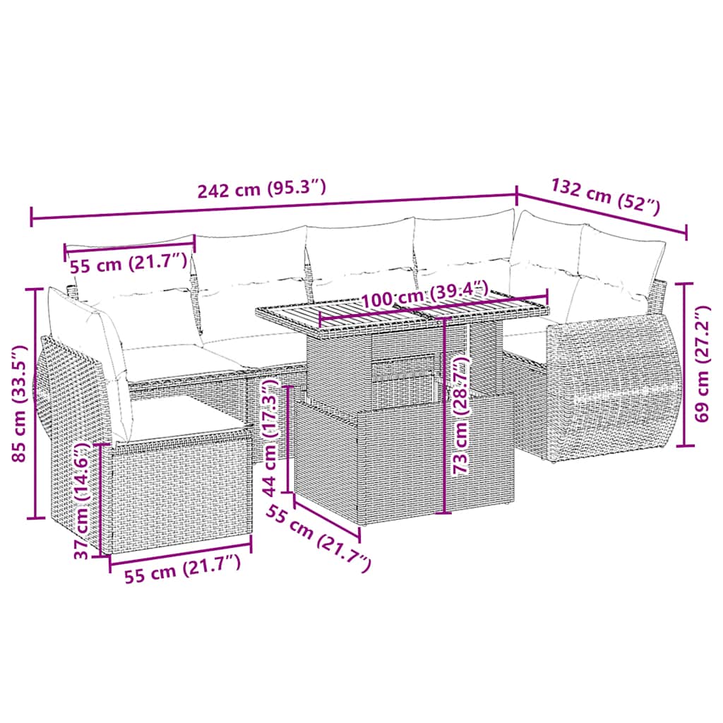 7-tlg. Garten-Sofagarnitur mit Kissen Beige Poly Rattan
